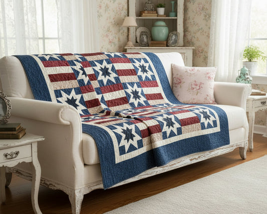 White sofa with a red, white, and blue star-patterned quilt draped over it in a living room setting.