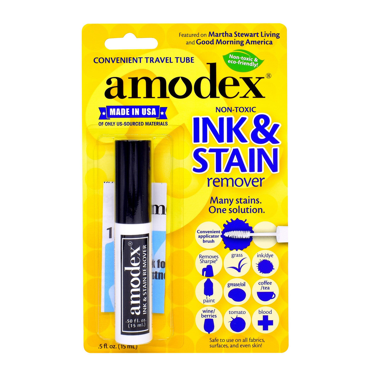 Amodex ink and stain remover packaging with a yellow background