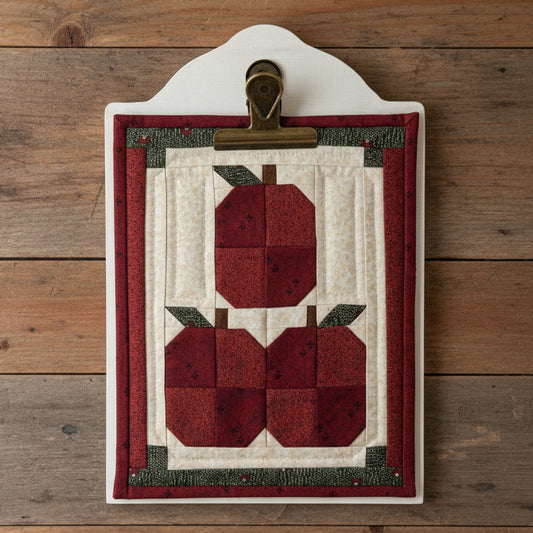 A quilted wall hanging with a white arched border and a brass clip at the top, featuring a red apple and two red apples stitched on a cream background, displayed against a rustic wooden wall.