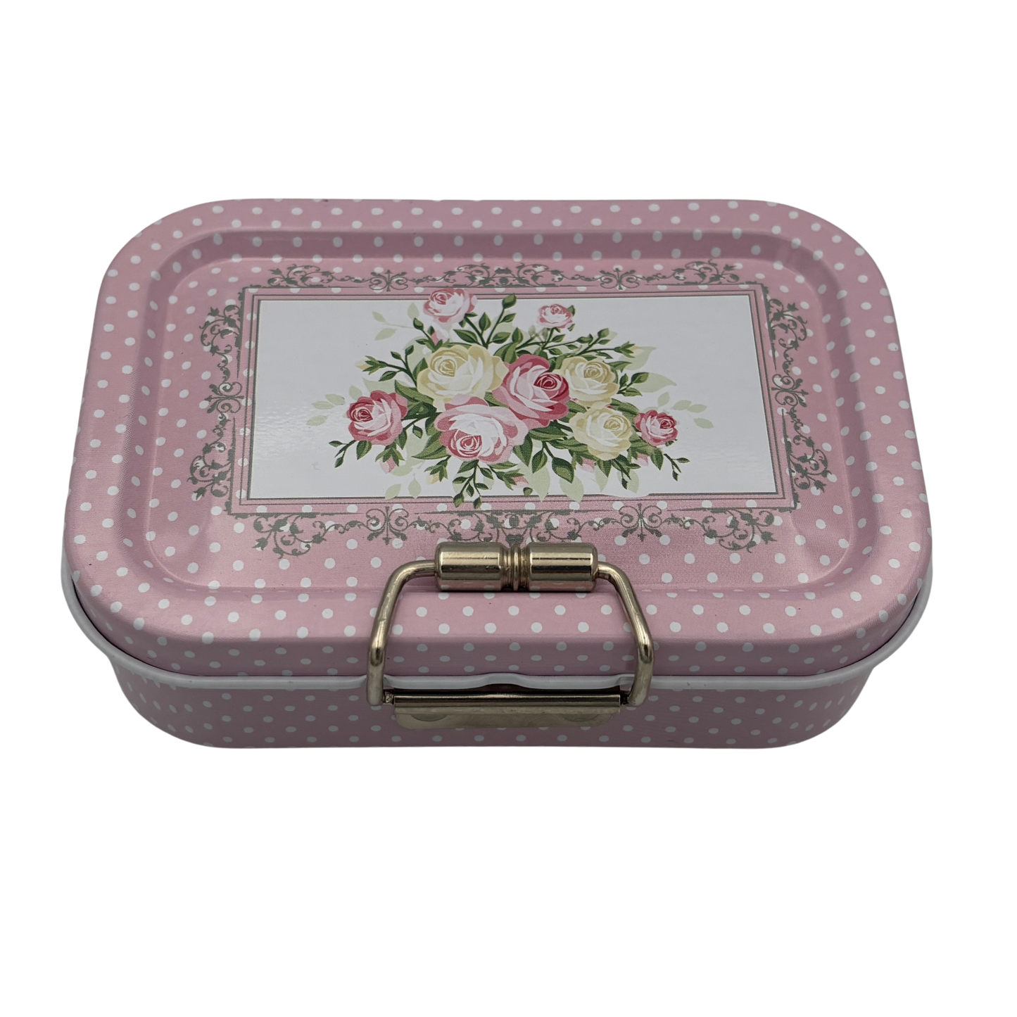 Decorative tin box with floral design and polka dot pattern on a white background