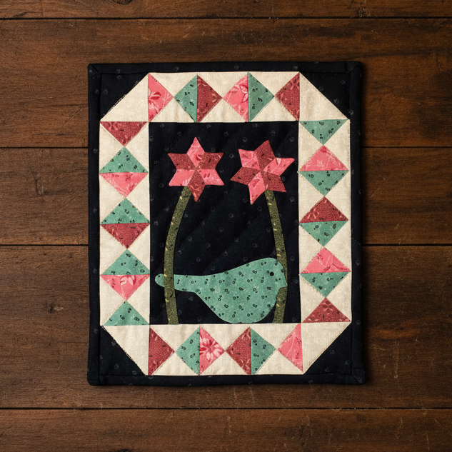 Quilt with a bird and flowers design on a black background