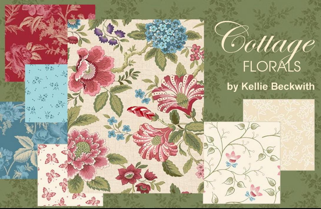 Collection of floral patterns with 'Cottage Florals by Kellie Beckwith' text on a green background.
