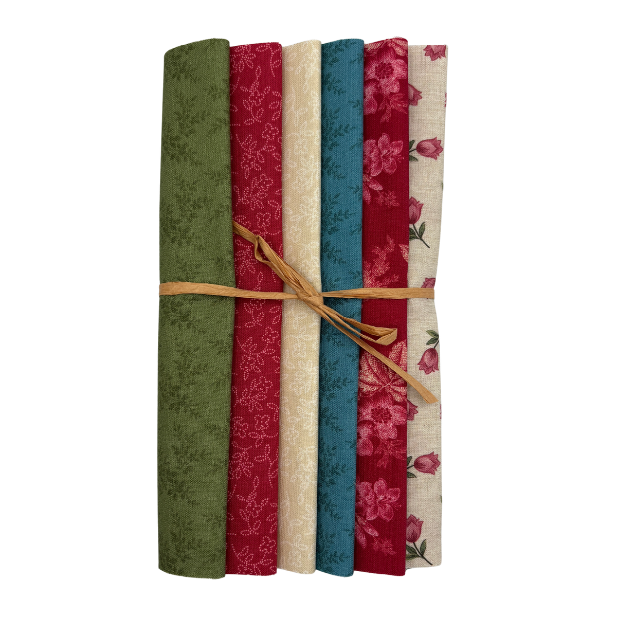 A bundle of six folded fabric samples tied together with a natural twine string, displayed vertically on a solid white background. The fabrics feature various patterns and colors: olive green, deep red, cream, teal blue, dark red floral, and cream floral.