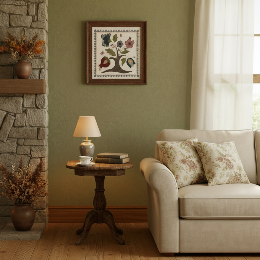 tree with flowers and bugs stitched on linen in a square wooden frame