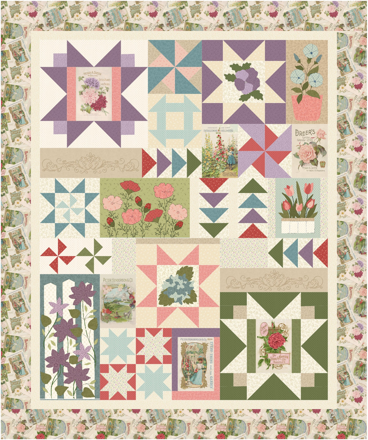 Image of a quilt in pastel shades of purple, blue, green and pink with cream background fabrics featuring flower applique blocks and panel blocks.
