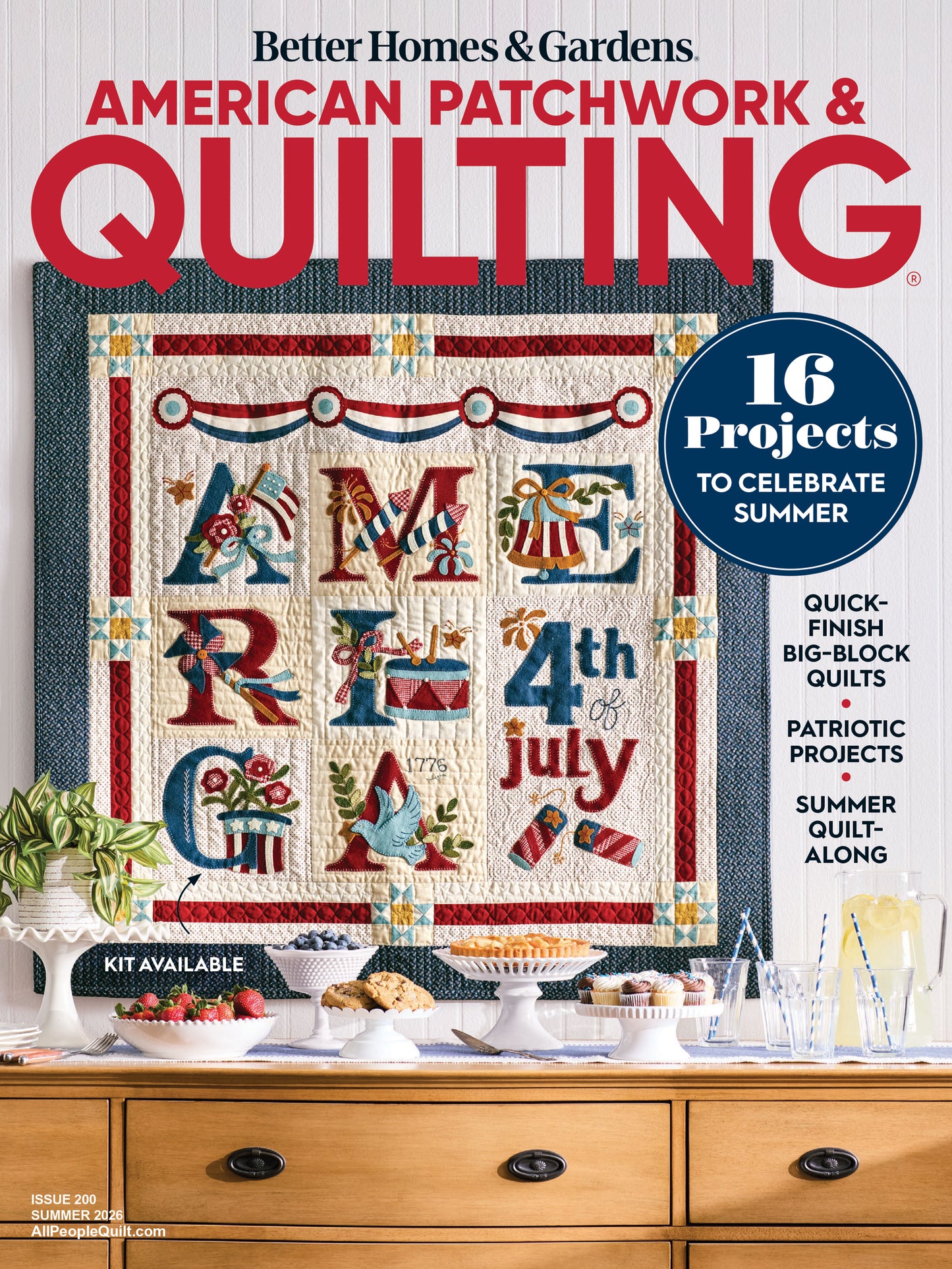 Magazine cover of 'American Patchwork & Quilting' featuring a 4th of July quilt.