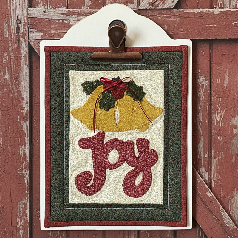 Decorative mini quilt with a yellow bell and 'Joy' text on a textured background