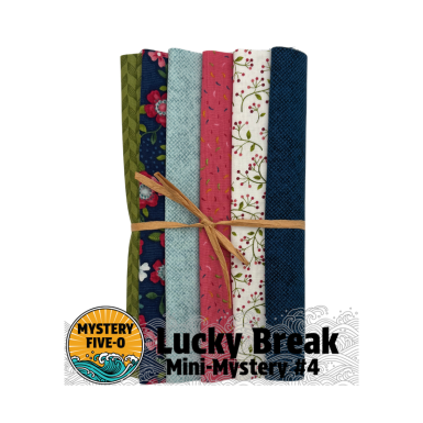 Set of colorful fabric strips tied together with text 'Lucky Break Mini-Mystery #4' and 'Mystery Five-O' logo.
