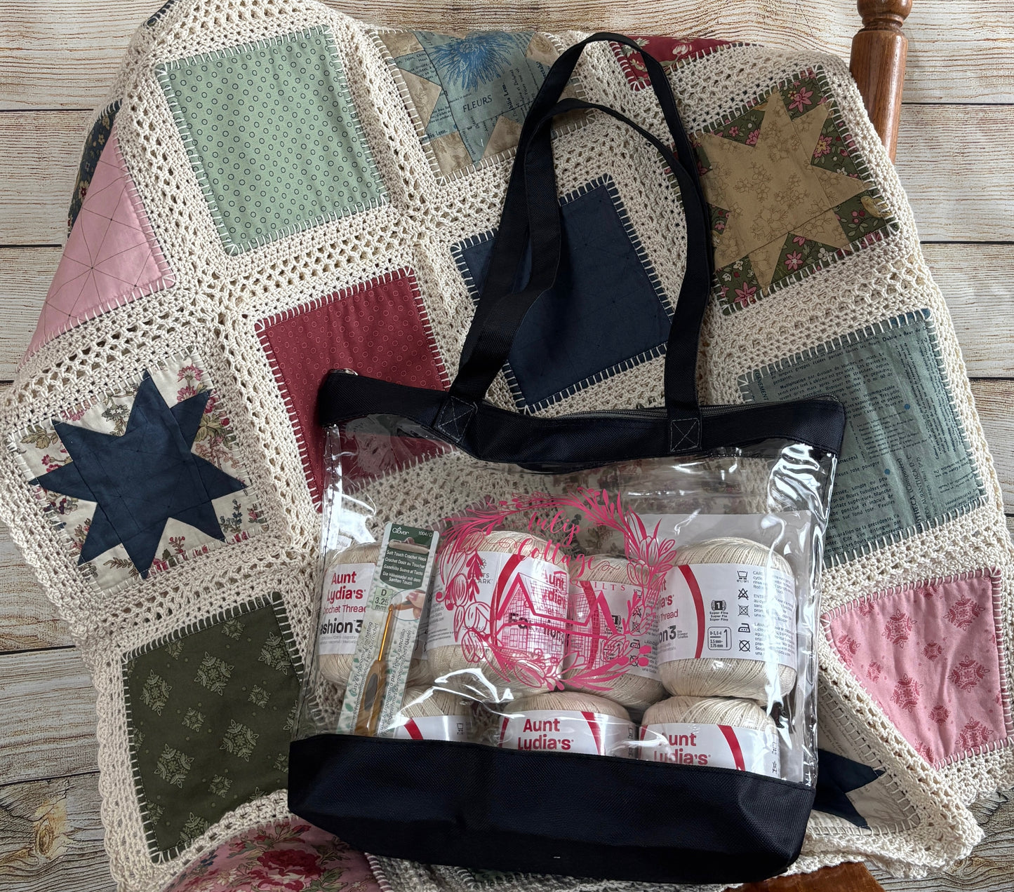 Black and clear bag with Crochet Fusion Quilt supplies on a fusion quilt