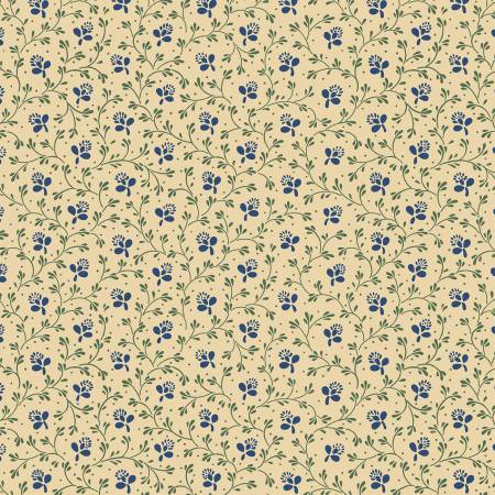 Pattern of small blue flowers and green leaves on a beige background