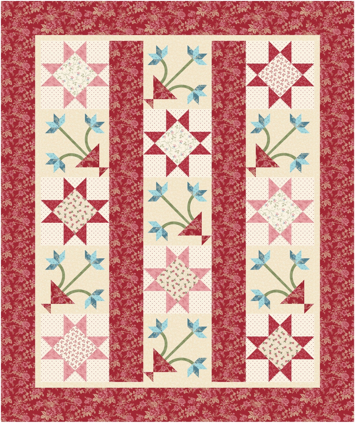 Quilt with star and floral patterns on a red background