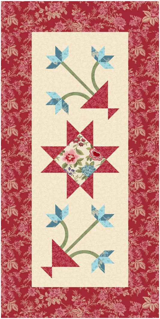 Table runner pattern with star design and floral elements on a red border
