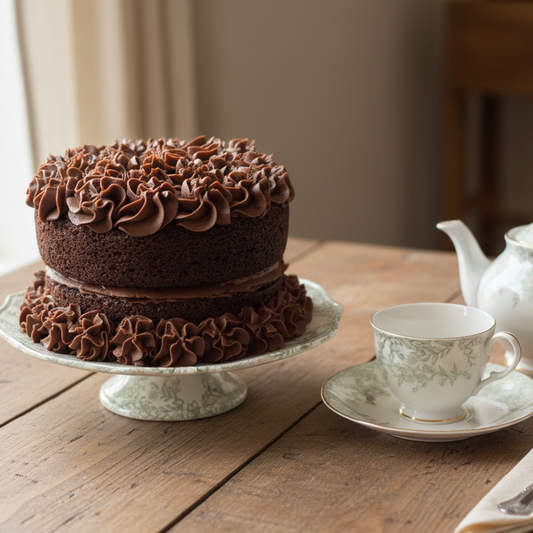 Chocolate cake on a plate is sitting on a wooden table near a window with a teacup and saucer.