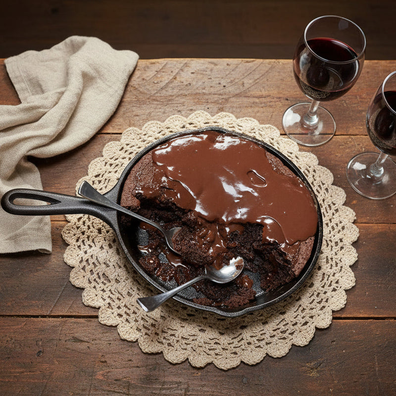 Iron Skillet full of chocolate cake sitting on a table with wine glasses and a cloth napkin.