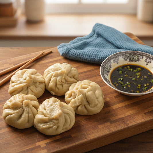 Chinese pan-fried buns sitting on a wooden board with dipping sauce in a bowl, chop sticks, and a napkin.