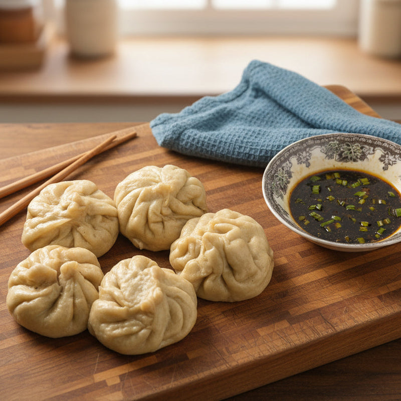 Chinese pan-fried buns sitting on a wooden board with dipping sauce in a bowl, chop sticks, and a napkin.