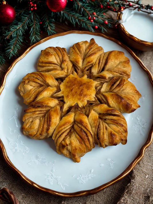 bread in the shape of a star sitting on a plate with a wooden backdrop with Christmas decorations.