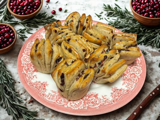 Dinner rolls on a plate sitting on a wooden table with cranberries and sage in the background.