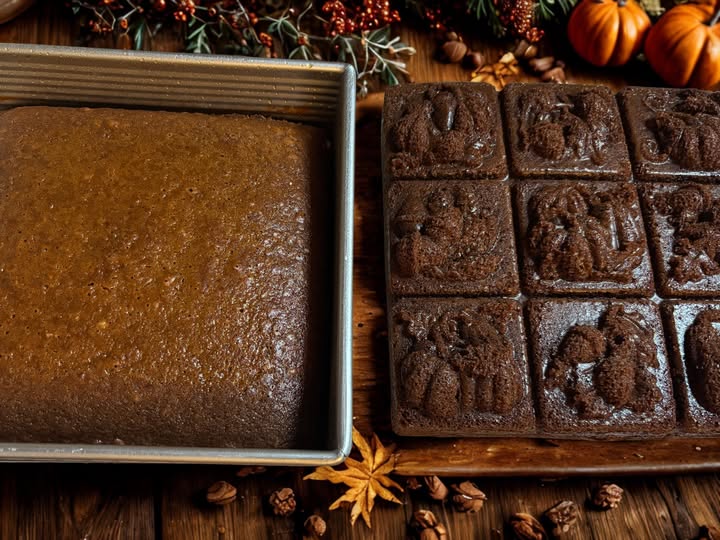 a pan of gingerbread and a gingerbread out of the pan rest next to each other on a wooden backdrop