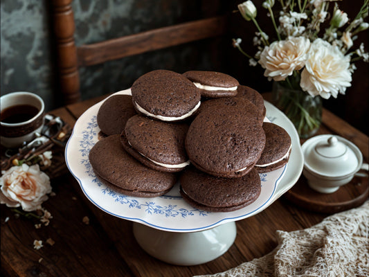 Plate of Whoopie Pies sitting on a table with tea cup and flowers around it.