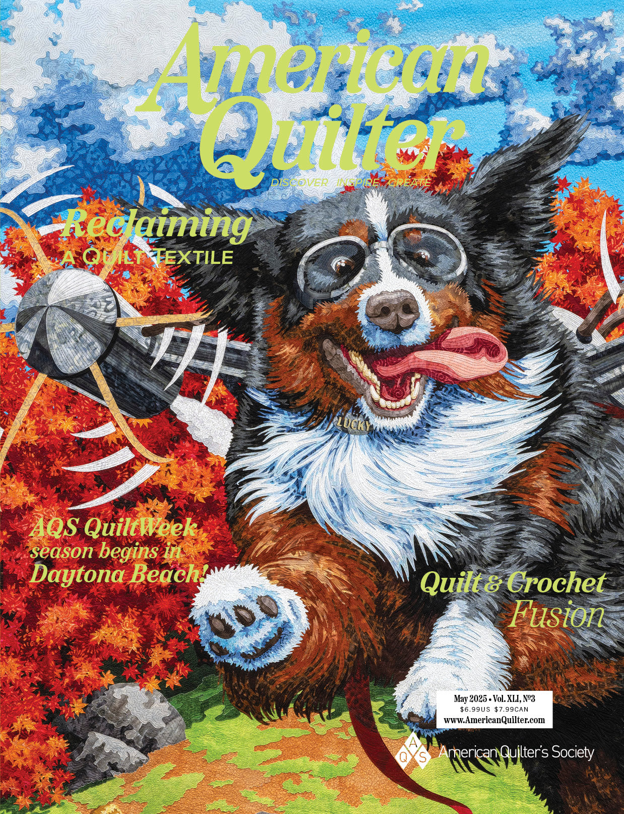 Magazine cover of 'American Quilter' featuring a dog with goggles and quilt design elements.