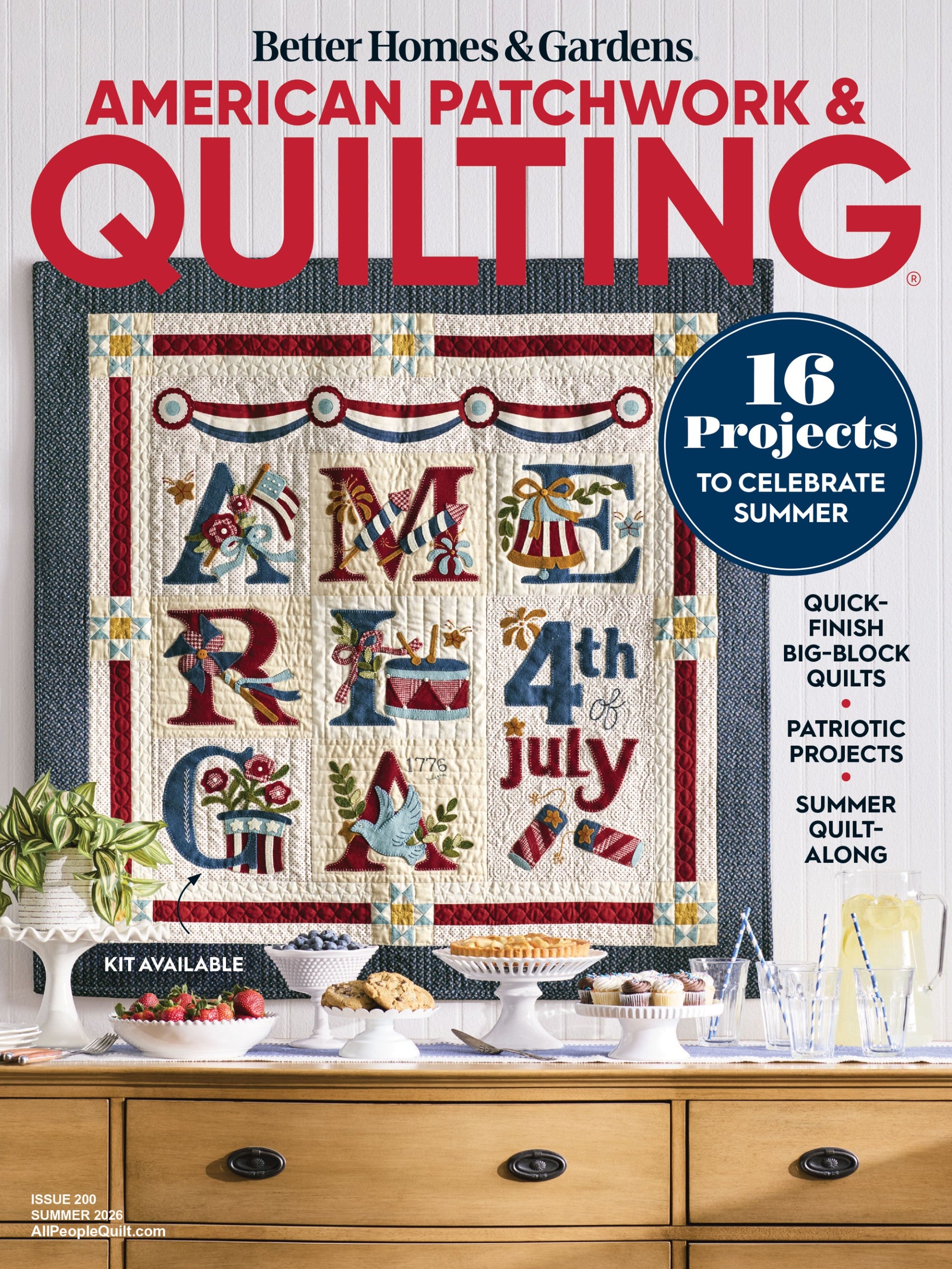 Magazine cover of 'American Patchwork & Quilting' featuring a July 4th-themed quilt.