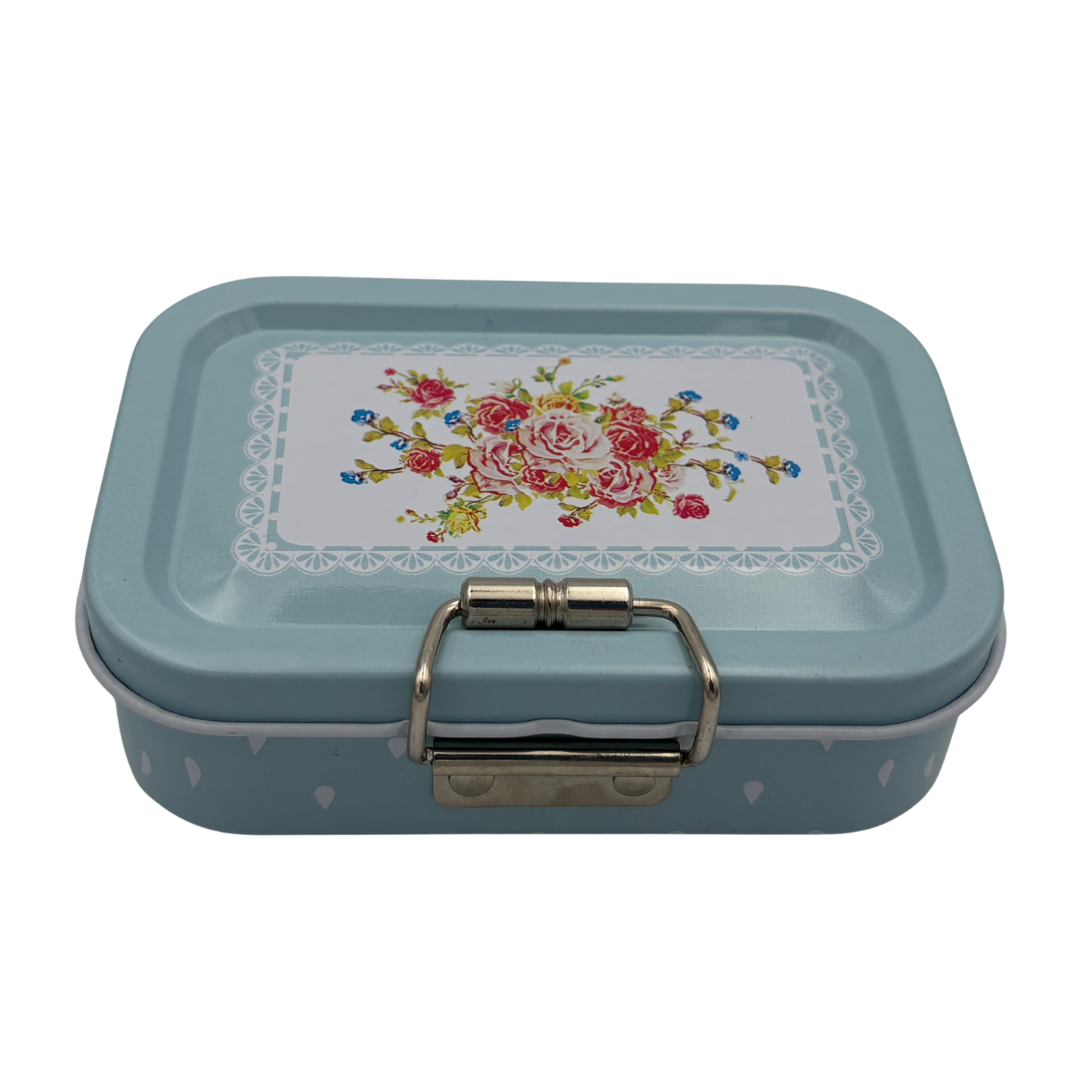 Rectangular metal box with floral design on lid against a white background