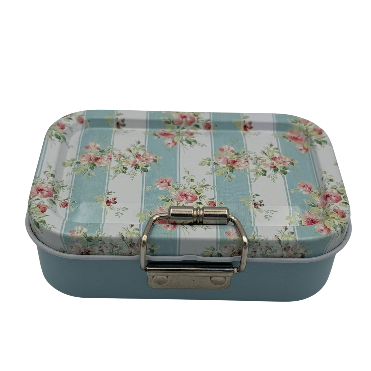 Rectangular tin box with floral and striped design on a white background