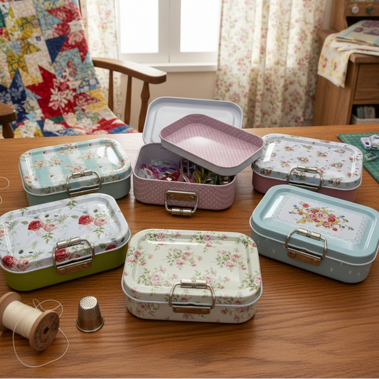 Set of floral-patterned metal boxes containing binding clips on a table 