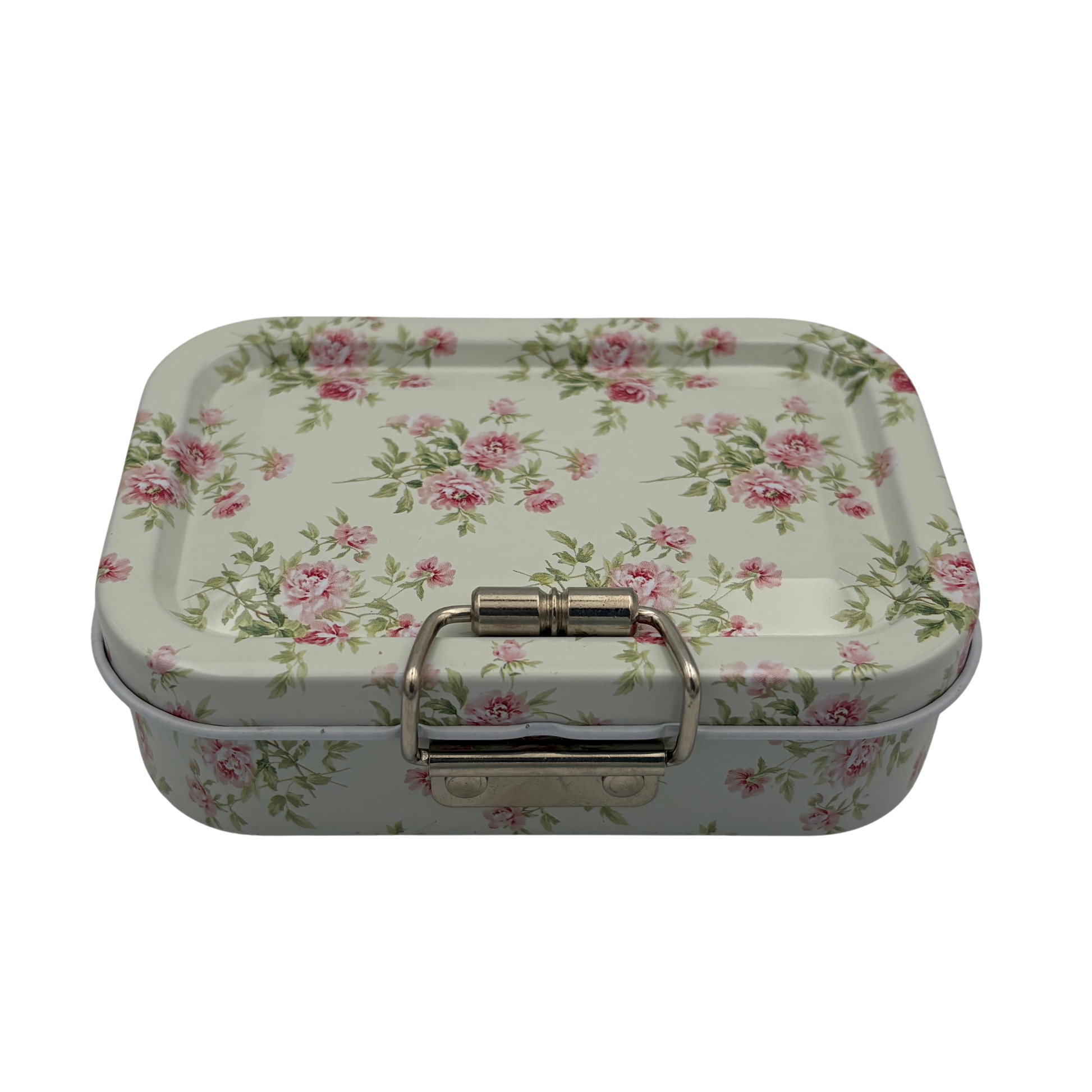 Floral-patterned metal box with a silver clasp on a white background
