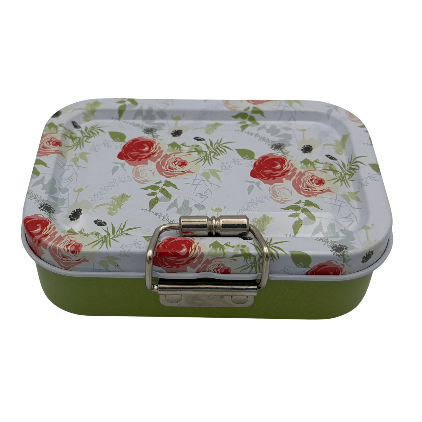 Rectangular tin box with floral lid and green base on a white background