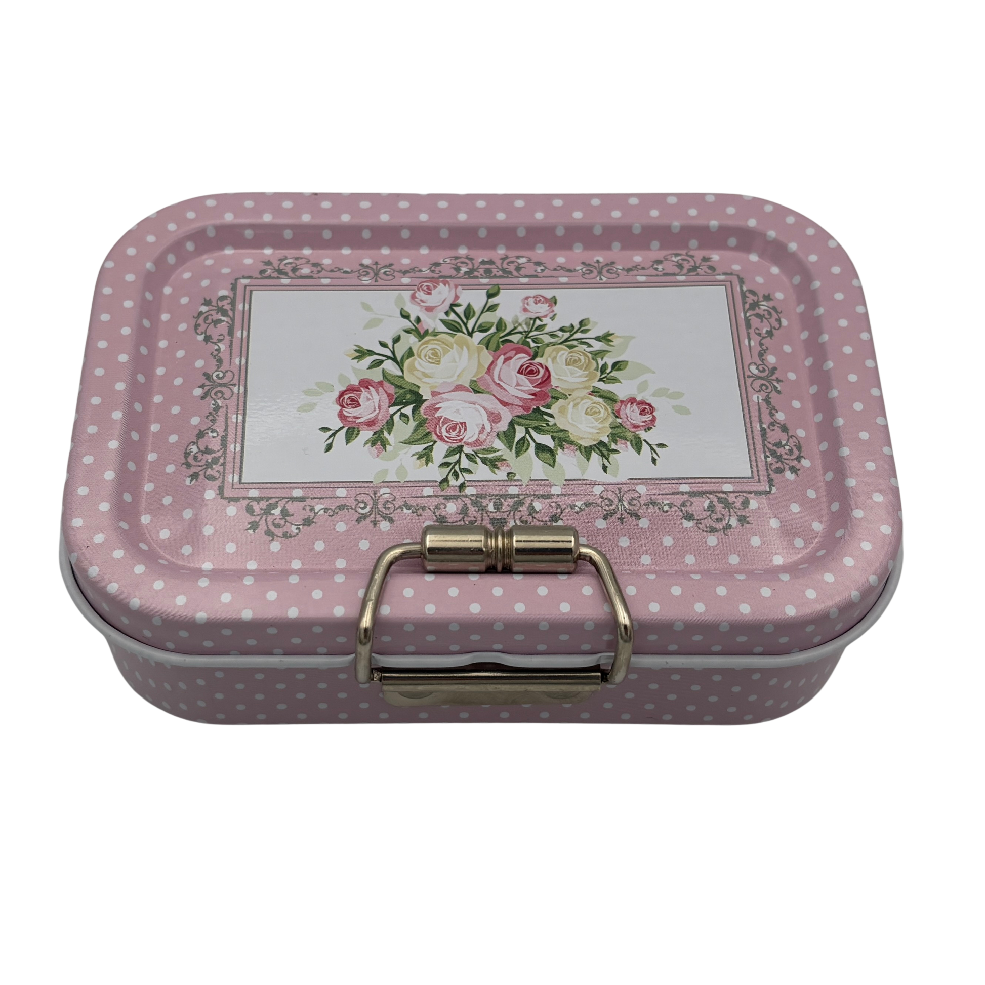 Decorative tin box with floral design and polka dot pattern on a white background