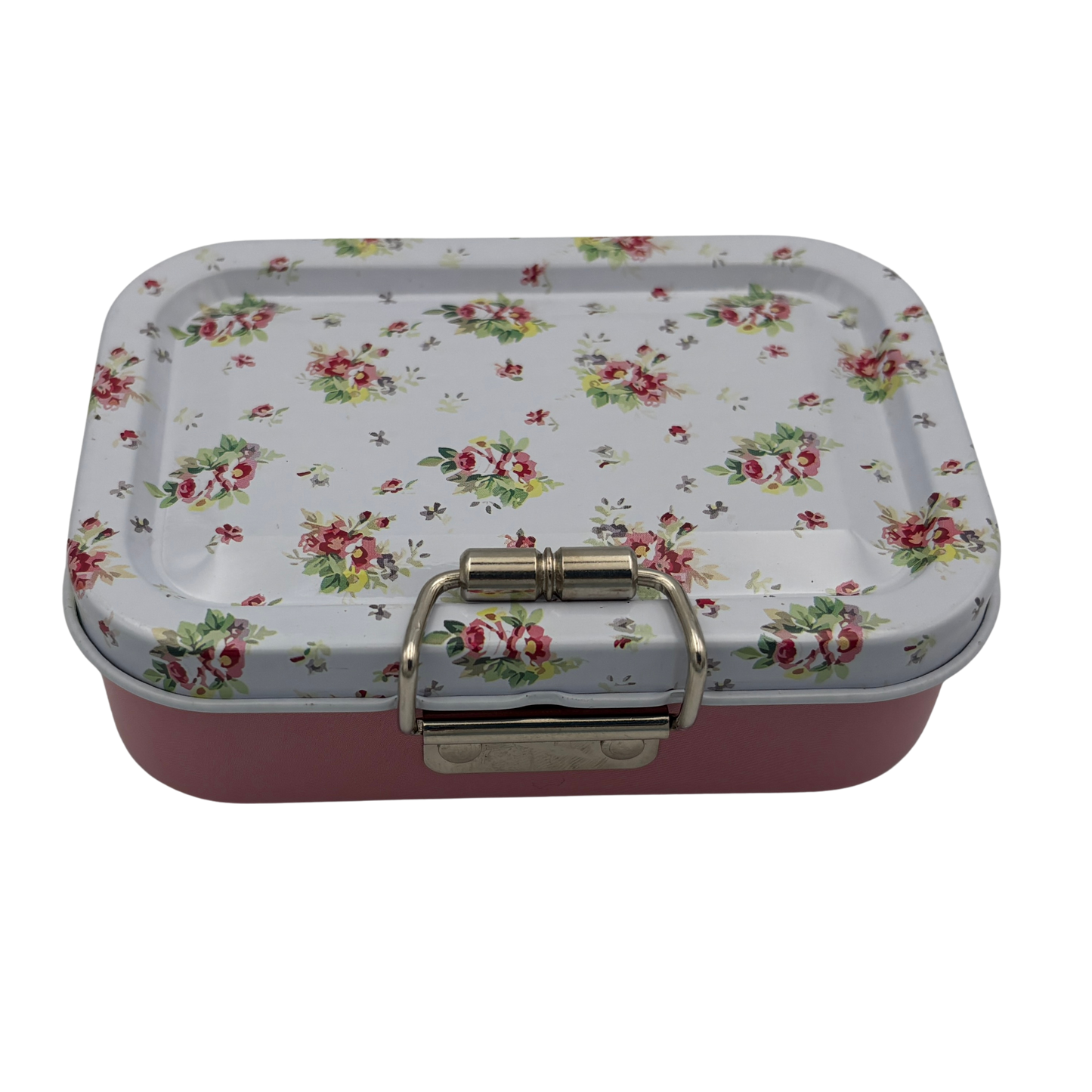 Rectangular tin box with floral pattern on a white background