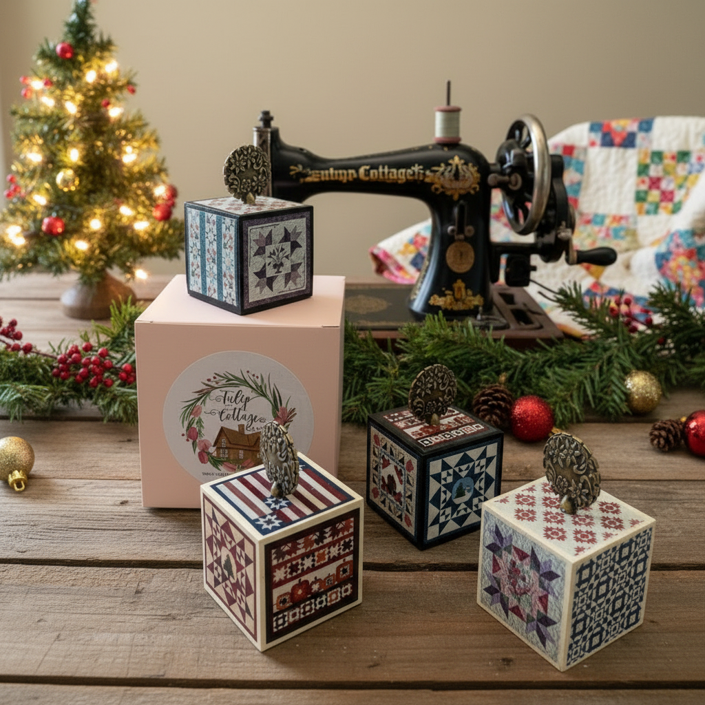 Set of wooden cubes with quilt-style patterns and a thread cutter in the top on a table with a sewing machine and quilt.