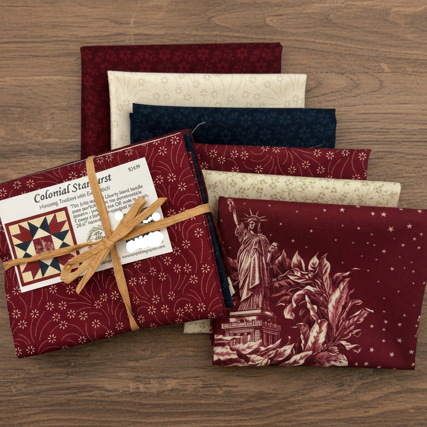 Collection of fabric swatches with various patterns on a wooden background