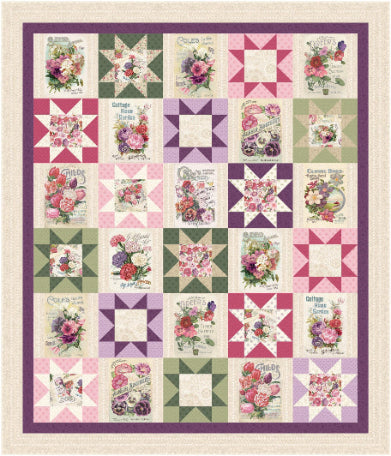 Quilt with floral patterns and text in a grid layout on a beige background and alternates with star blocks.