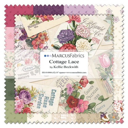 Collection of Marcus Fabrics Cottage Lace fabric squares with floral and text designs.