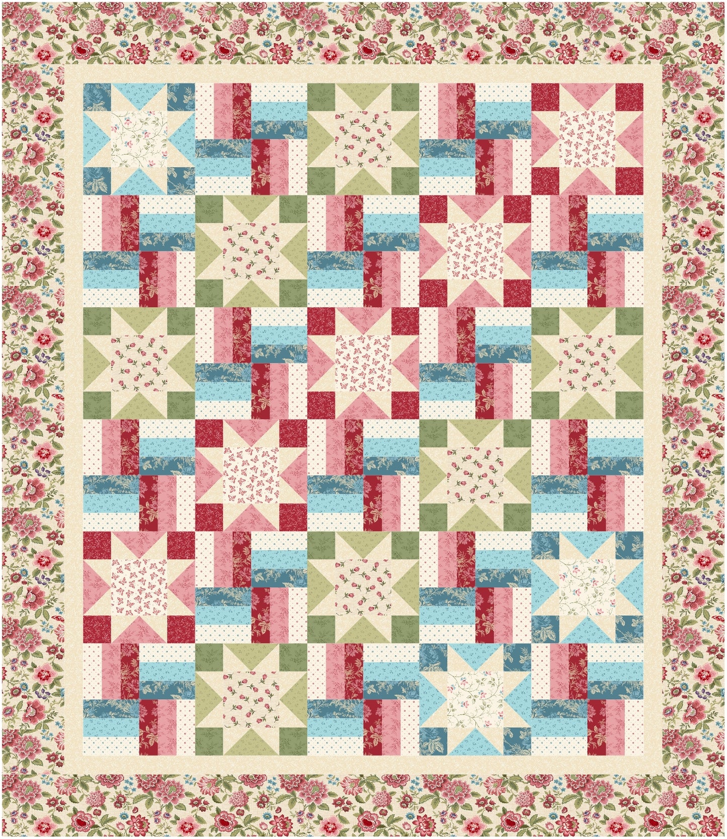 Quilt with star and rail fence patterns and floral border