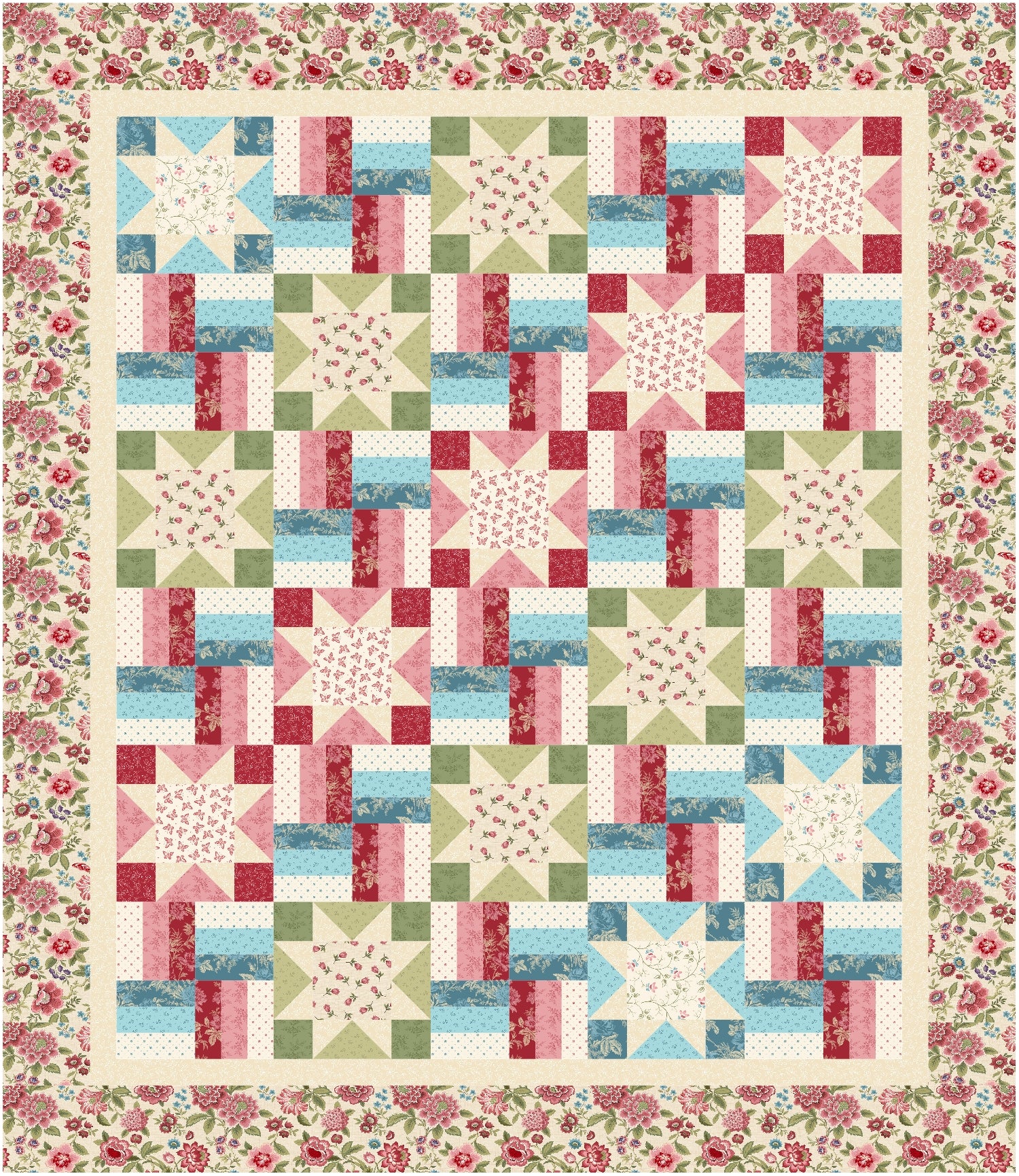 Quilt with star and rail fence patterns and floral border