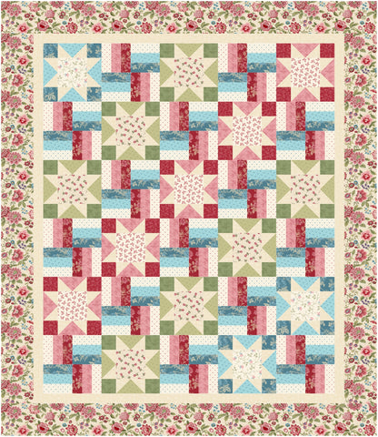 Quilt with star and rail fence patterns and floral border