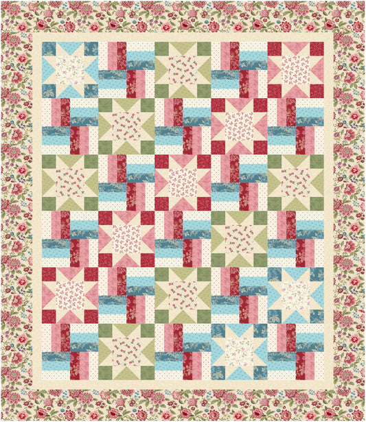 Quilt with star and rail fence patterns and floral border