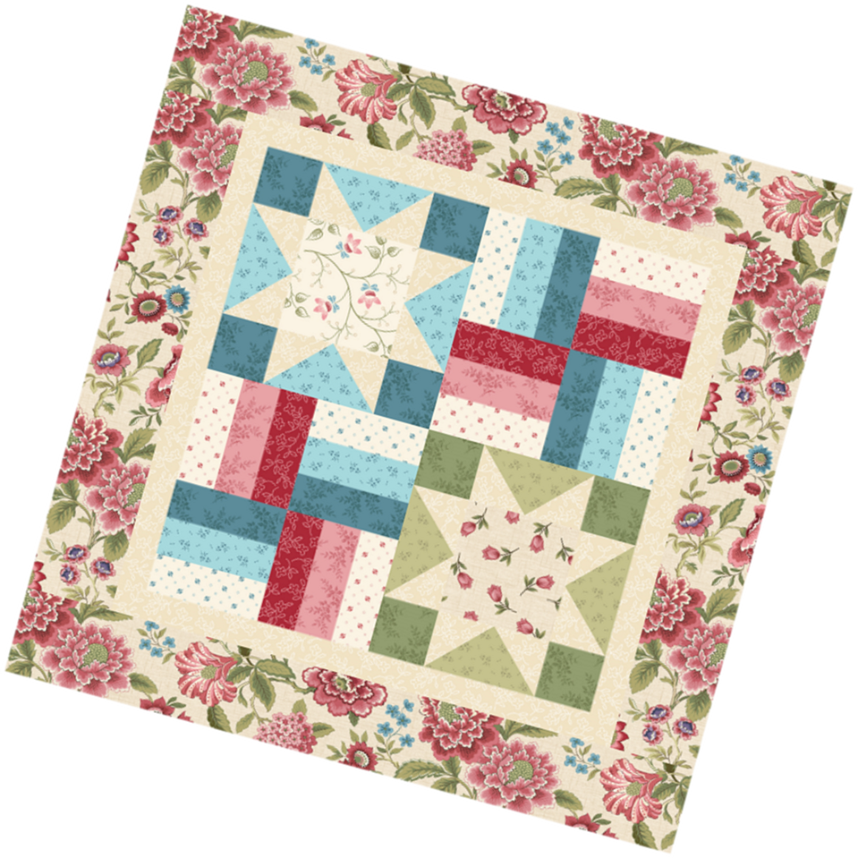Pillow/table topper quilt with star and rail fence patterns and floral borders on a white background