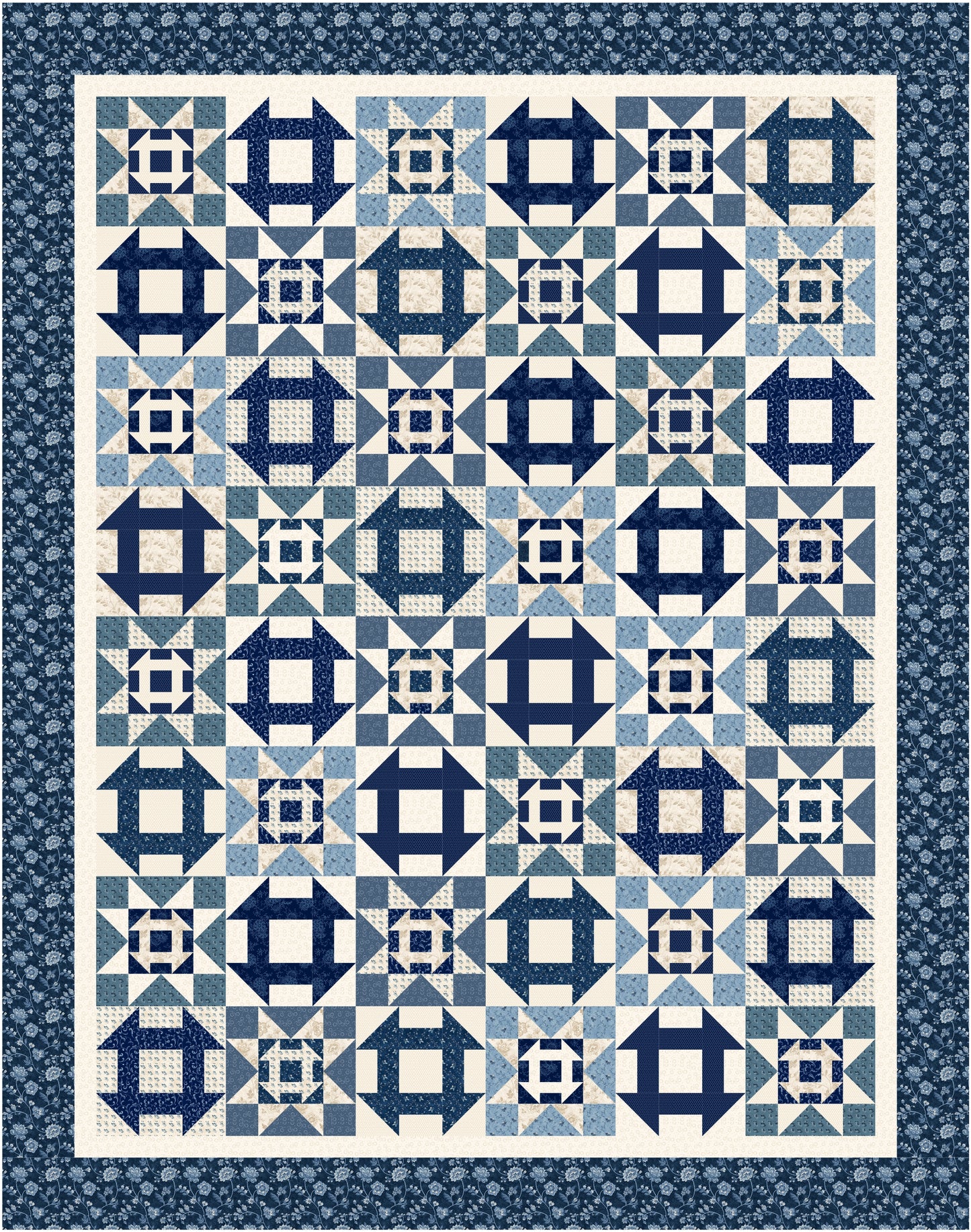 Quilt with blue and white geometric pattern on a blue background