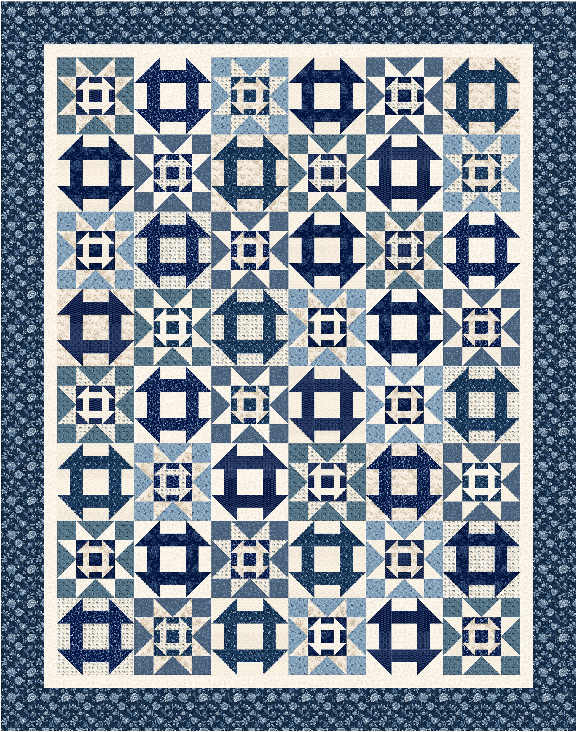 Quilt with blue and white geometric pattern on a blue background