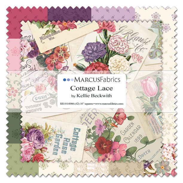 Collection of Marcus Fabrics Cottage Lace fabric squares with floral and text designs.