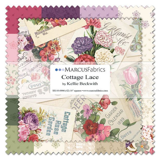 Collection of Marcus Fabrics Cottage Lace fabric squares with floral and text designs.