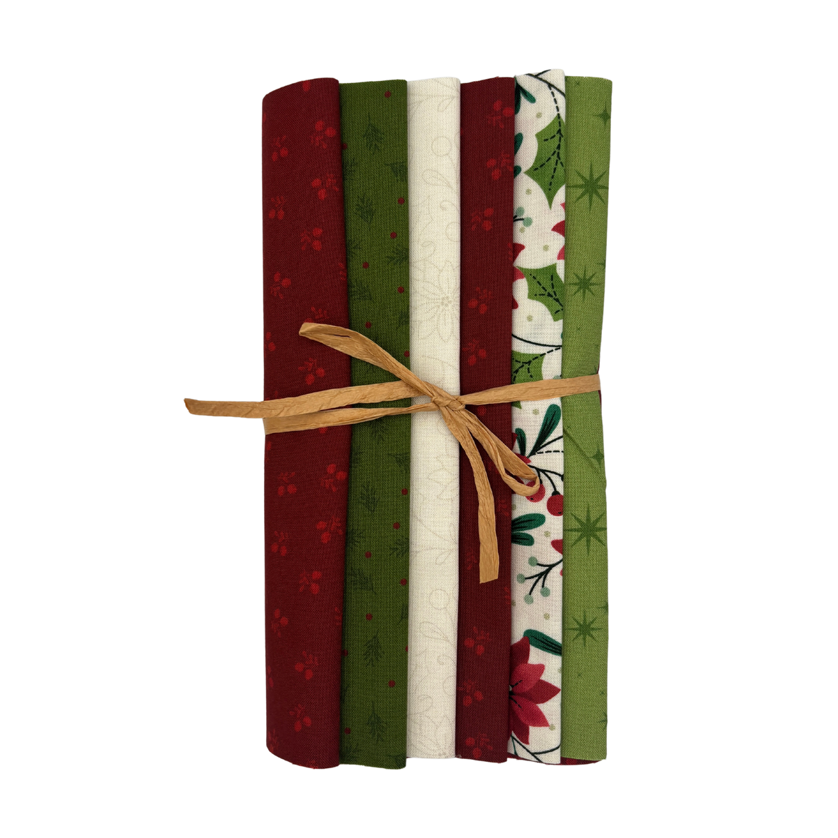 A set of six folded fabric slices tied together with a natural twine bow, featuring holiday patterns in red, green, cream, and white on a plain white background.
