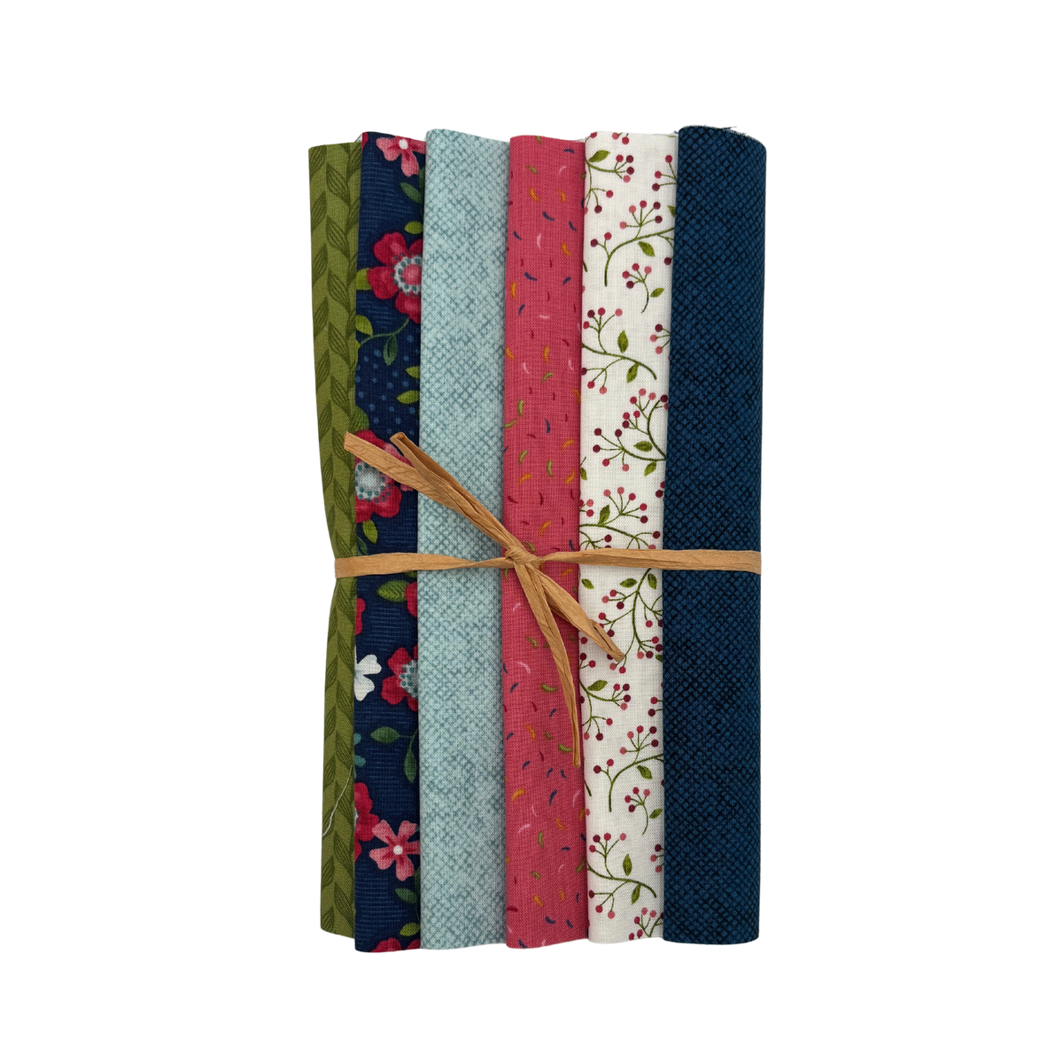 A bundle of six folded fabric pieces tied together with a tan string, showing different patterns and colors including navy floral, sage green floral, light blue, pink floral, and dark navy solid.