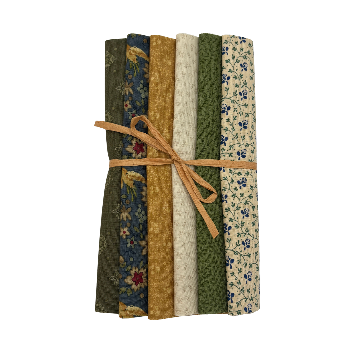A bundle of six patterned fabric rolls tied together with a tan string, displayed against a solid white background.