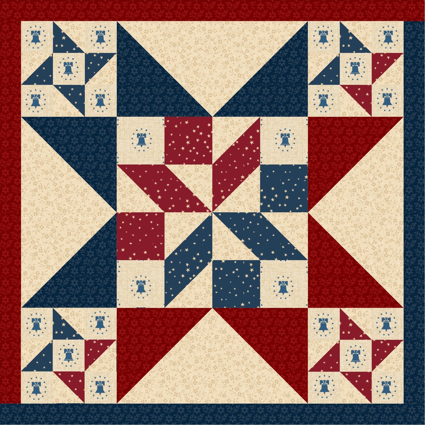 quilt pattern made up of patriotic fabrics featuring one large star with a small star in each of the 4 corner blocks.